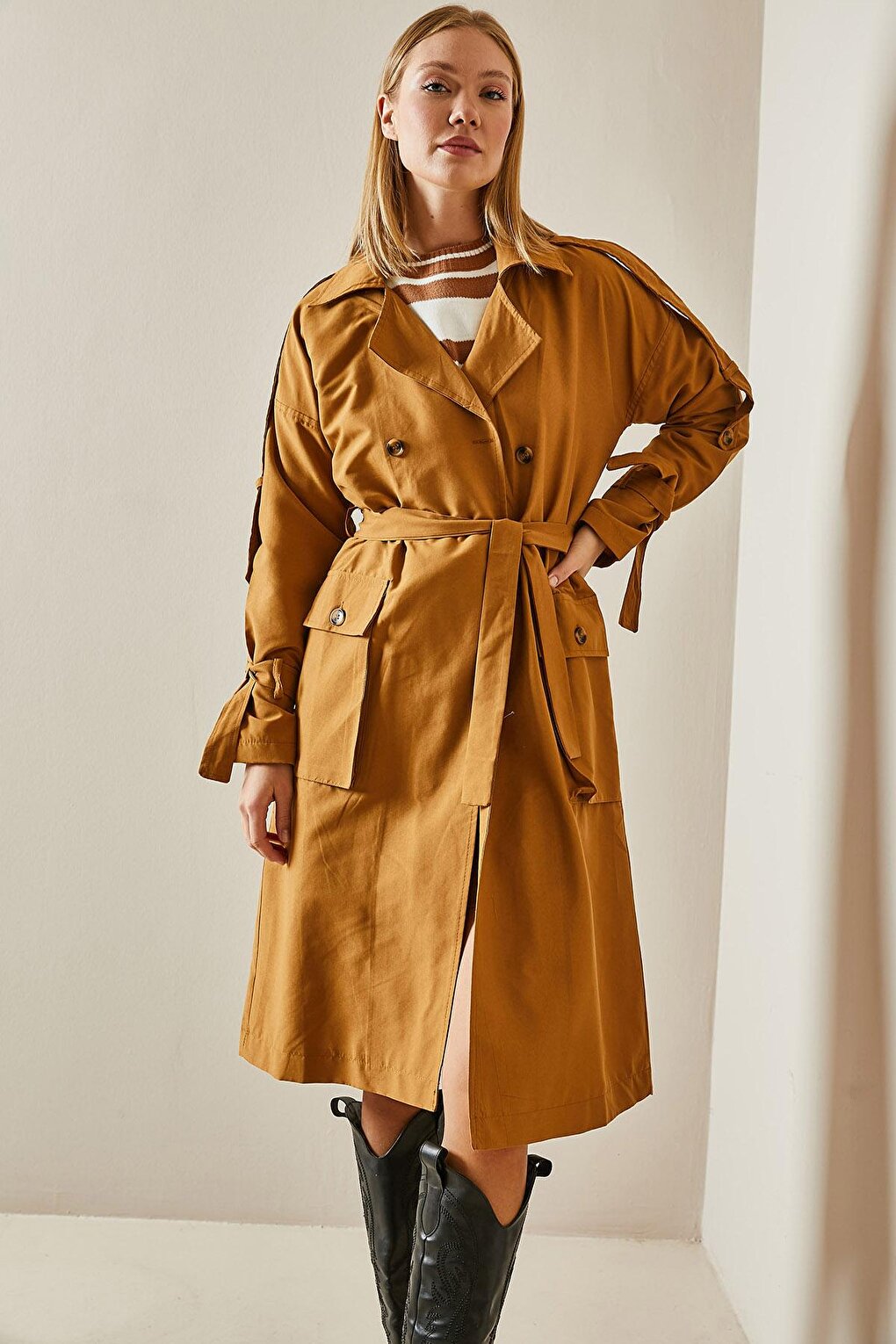 Tan Double Breasted Collar Pocket Trench Coat