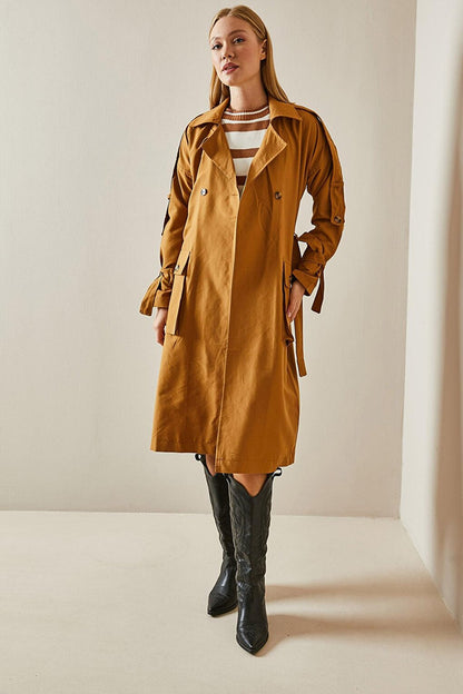 Tan Double Breasted Collar Pocket Trench Coat