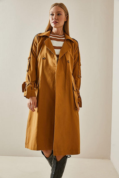 Tan Double Breasted Collar Pocket Trench Coat