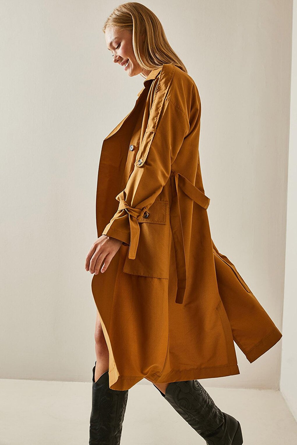 Tan Double Breasted Collar Pocket Trench Coat