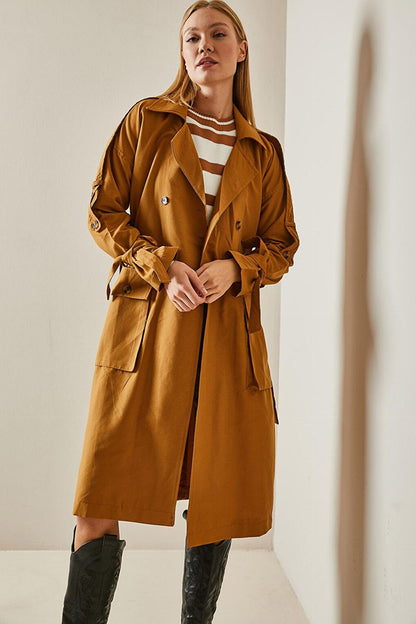 Tan Double Breasted Collar Pocket Trench Coat