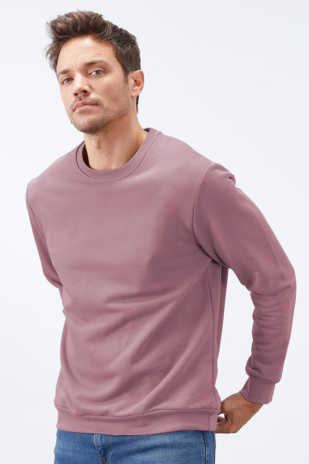 Dusty Rose Basic Crew Neck Comfortable Form Men's Sweatshirt - 88053