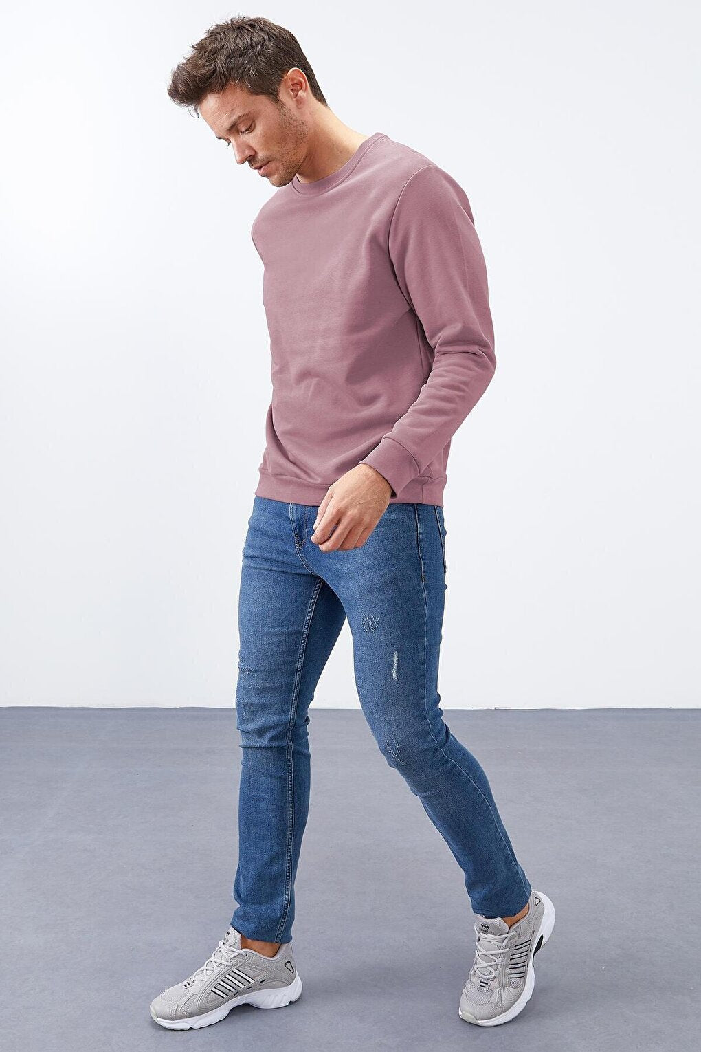 Dusty Rose Basic Crew Neck Comfortable Form Men's Sweatshirt - 88053