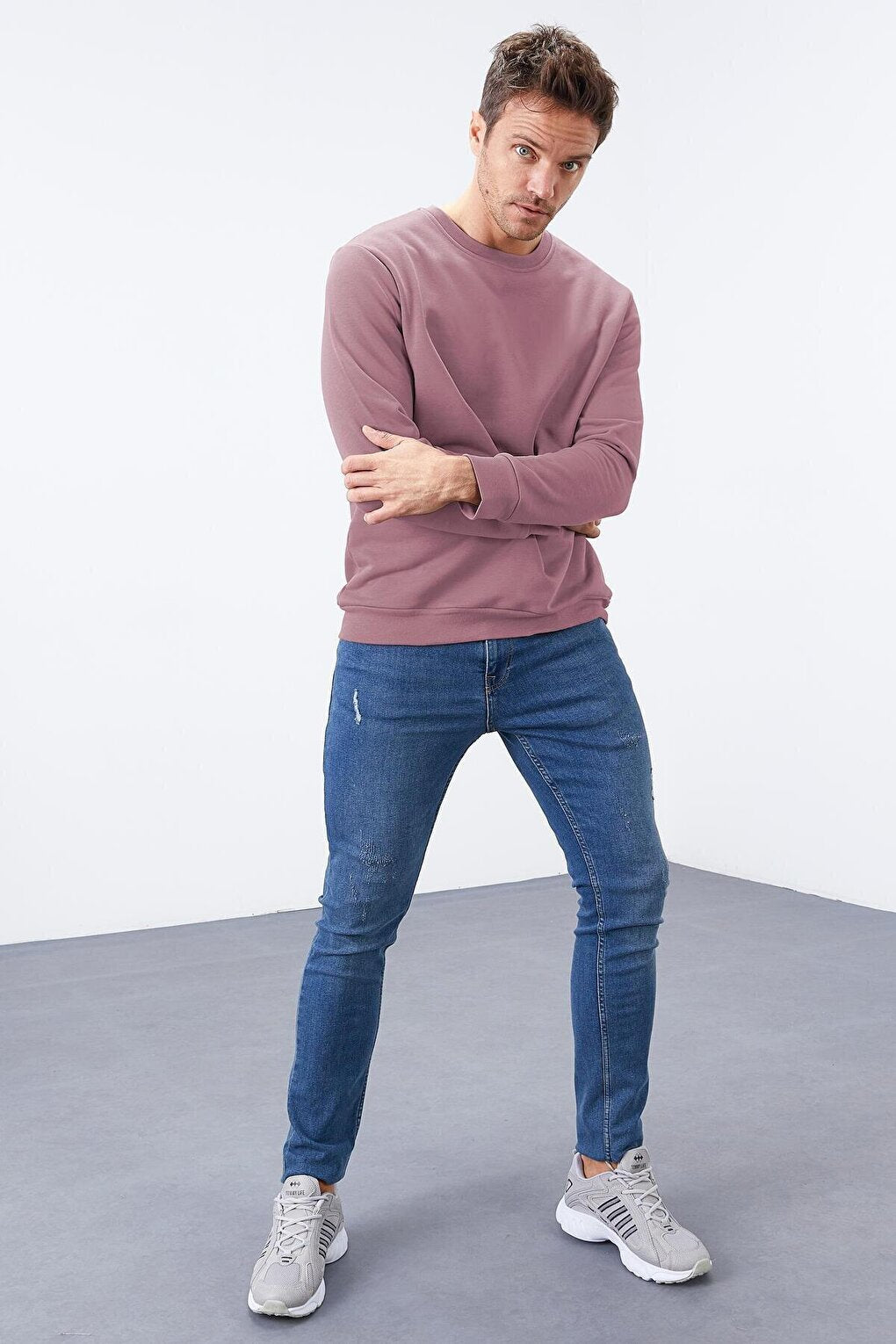 Dusty Rose Basic Crew Neck Comfortable Form Men's Sweatshirt - 88053