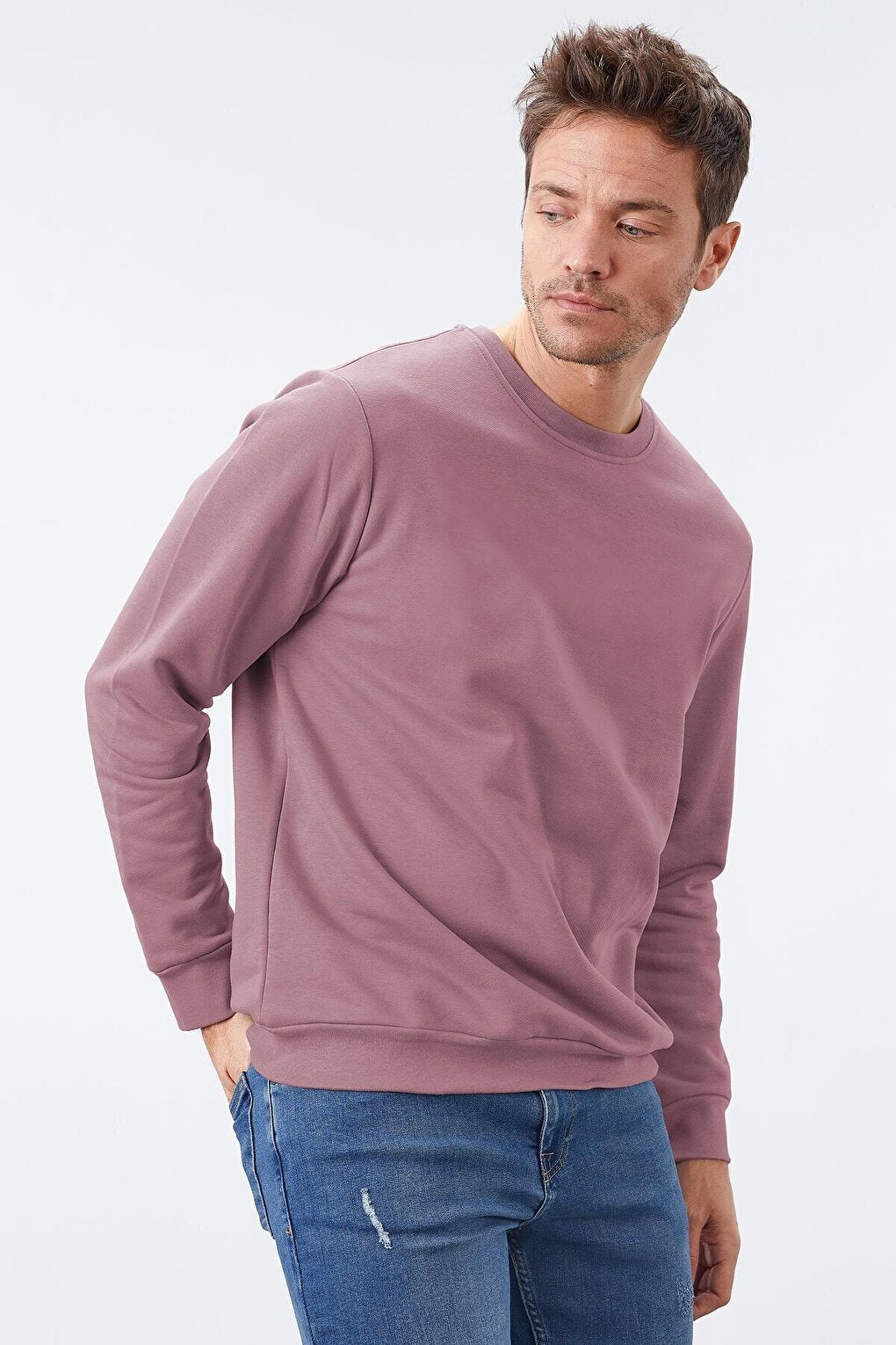 Dusty Rose Basic Crew Neck Comfortable Form Men's Sweatshirt - 88053