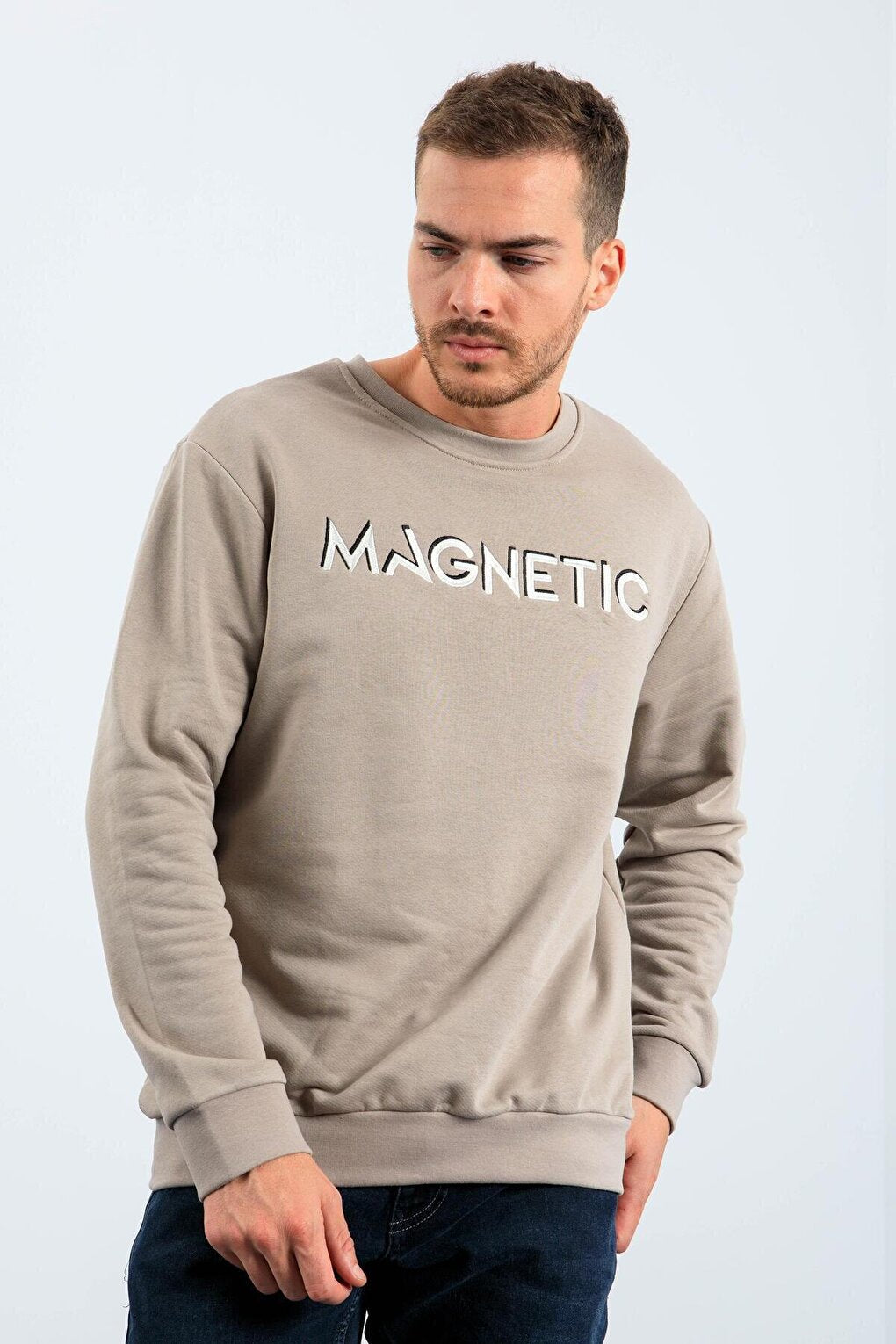 Dark Beige Text Embroidered Crew Neck Comfortable Form Men's Sweatshirt - 88020