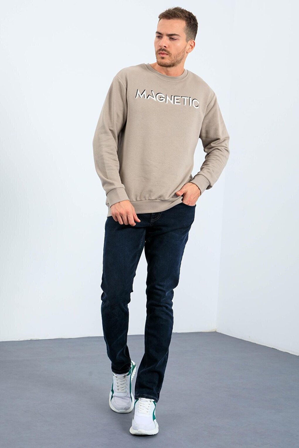 Dark Beige Text Embroidered Crew Neck Comfortable Form Men's Sweatshirt - 88020