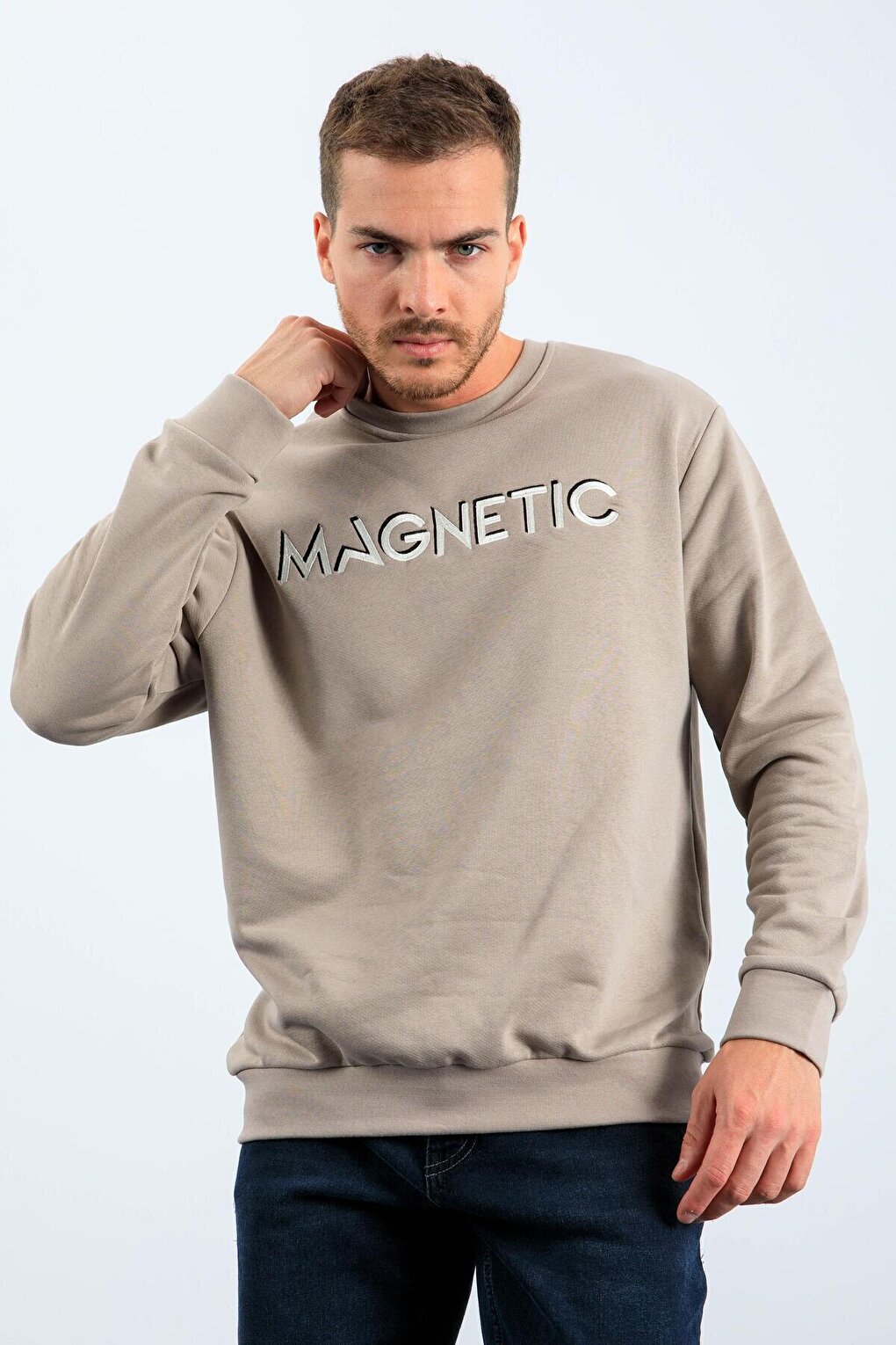 Dark Beige Text Embroidered Crew Neck Comfortable Form Men's Sweatshirt - 88020