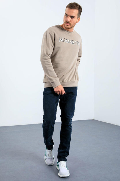 Dark Beige Text Embroidered Crew Neck Comfortable Form Men's Sweatshirt - 88020