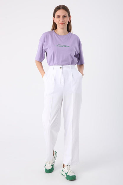 White Pleated Cotton Pocket Knitted Trousers