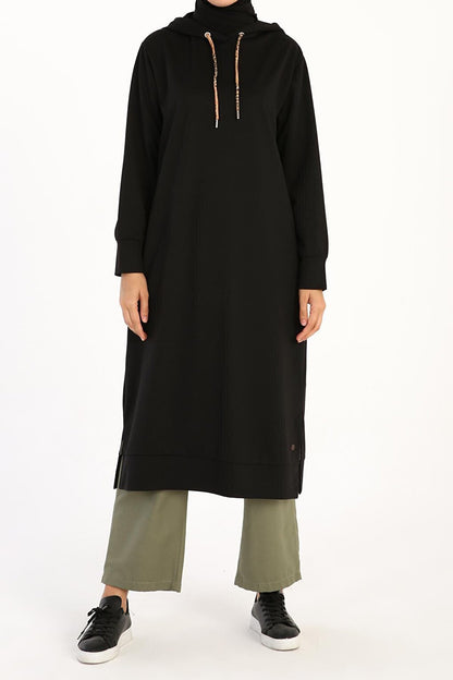 Black Leopard Lace-Up Hooded Comfortable Knitted Tunic