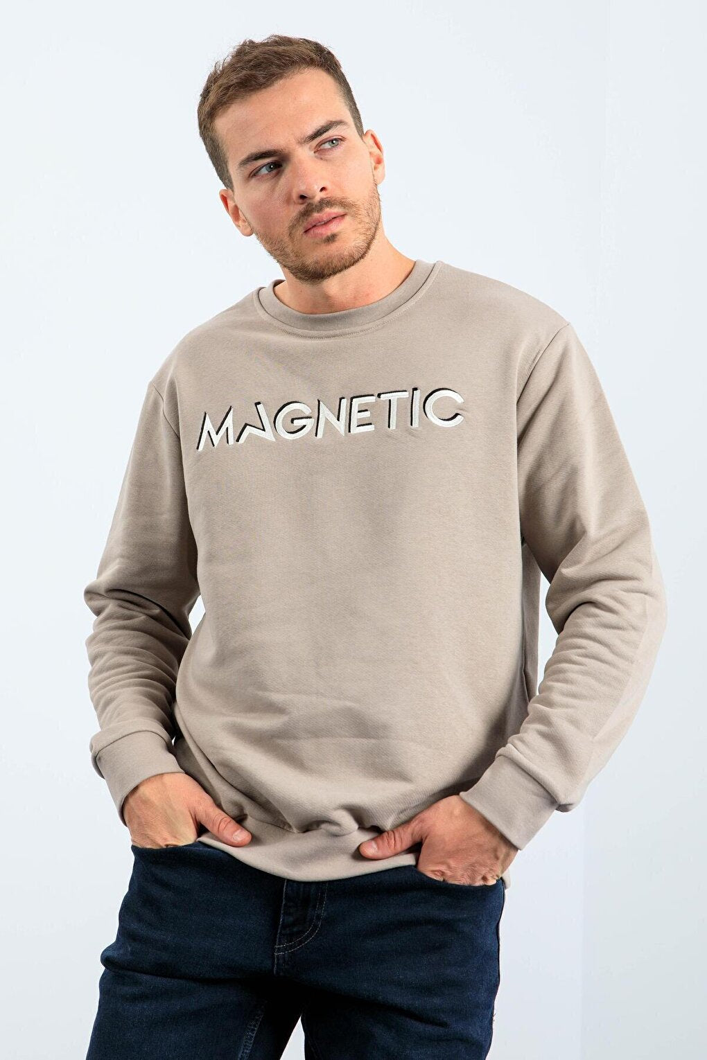 Dark Beige Text Embroidered Crew Neck Comfortable Form Men's Sweatshirt - 88020