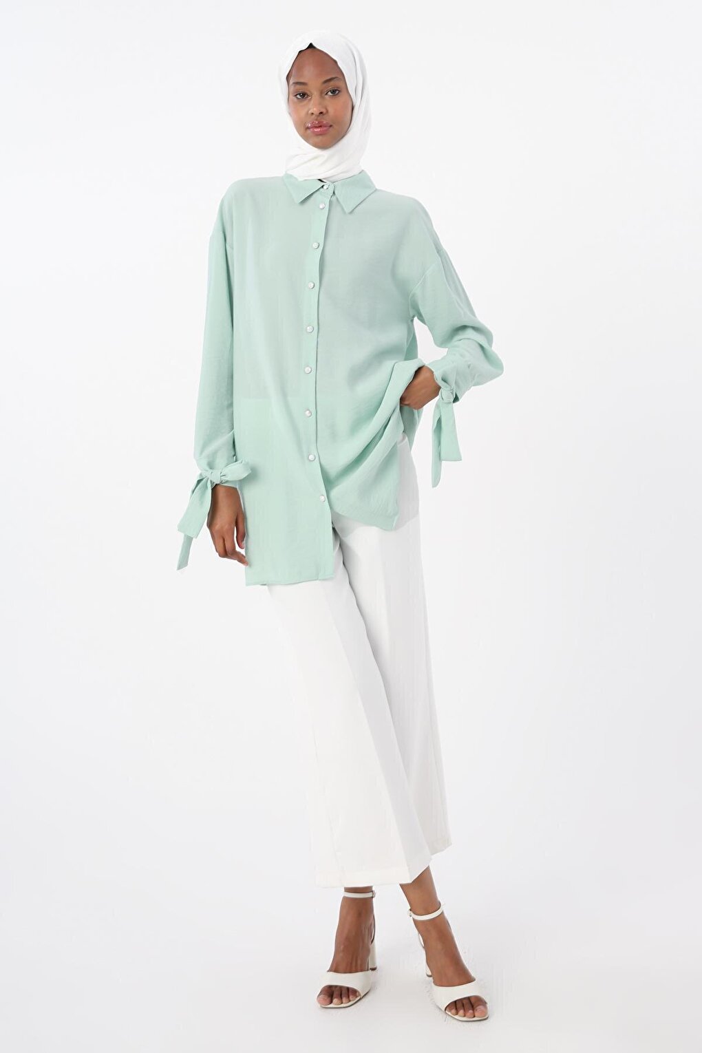 Light Green Removable Ribbon Shirt Tunic