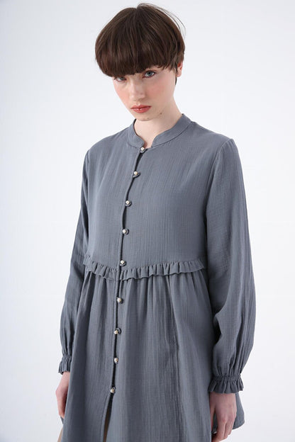 Gray 100% Cotton Judge Collar Sleeves Gathered Ruffle Detailed Shirt Tunic