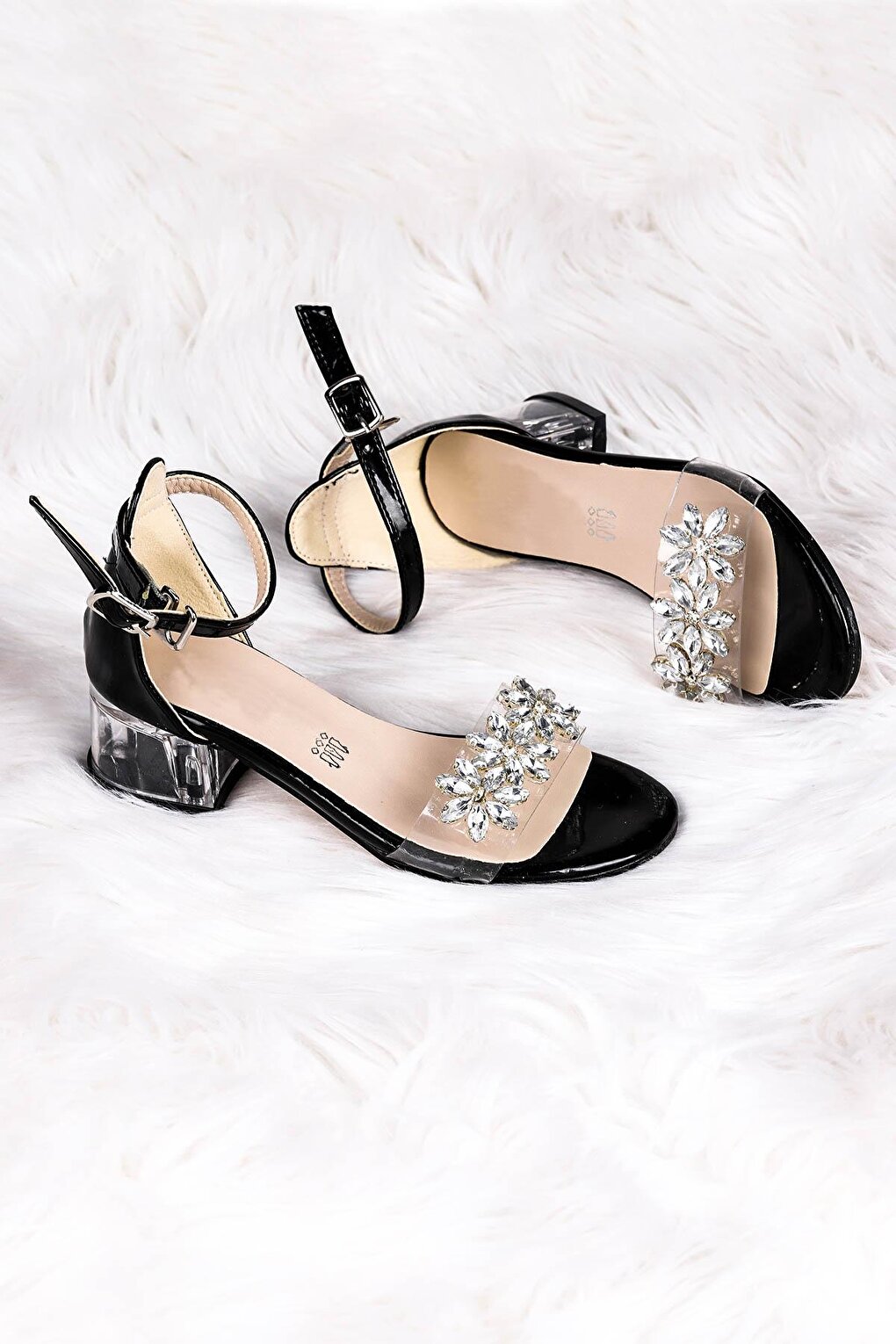 790 Patent Leather Stone Girl's 3 Cm Transparent Heeled Sandals Shoes