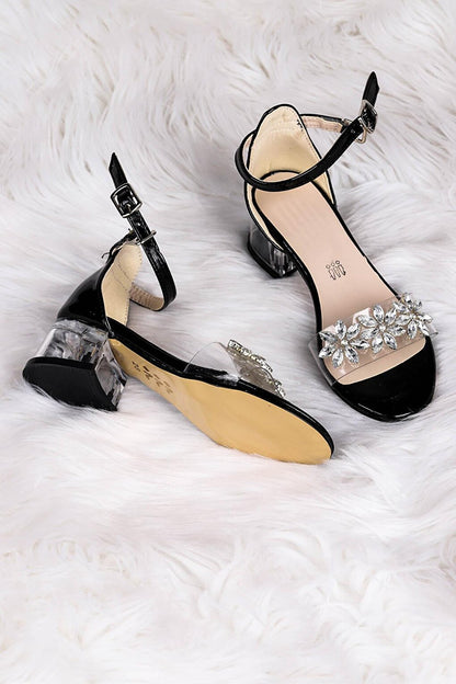 790 Patent Leather Stone Girl's 3 Cm Transparent Heeled Sandals Shoes