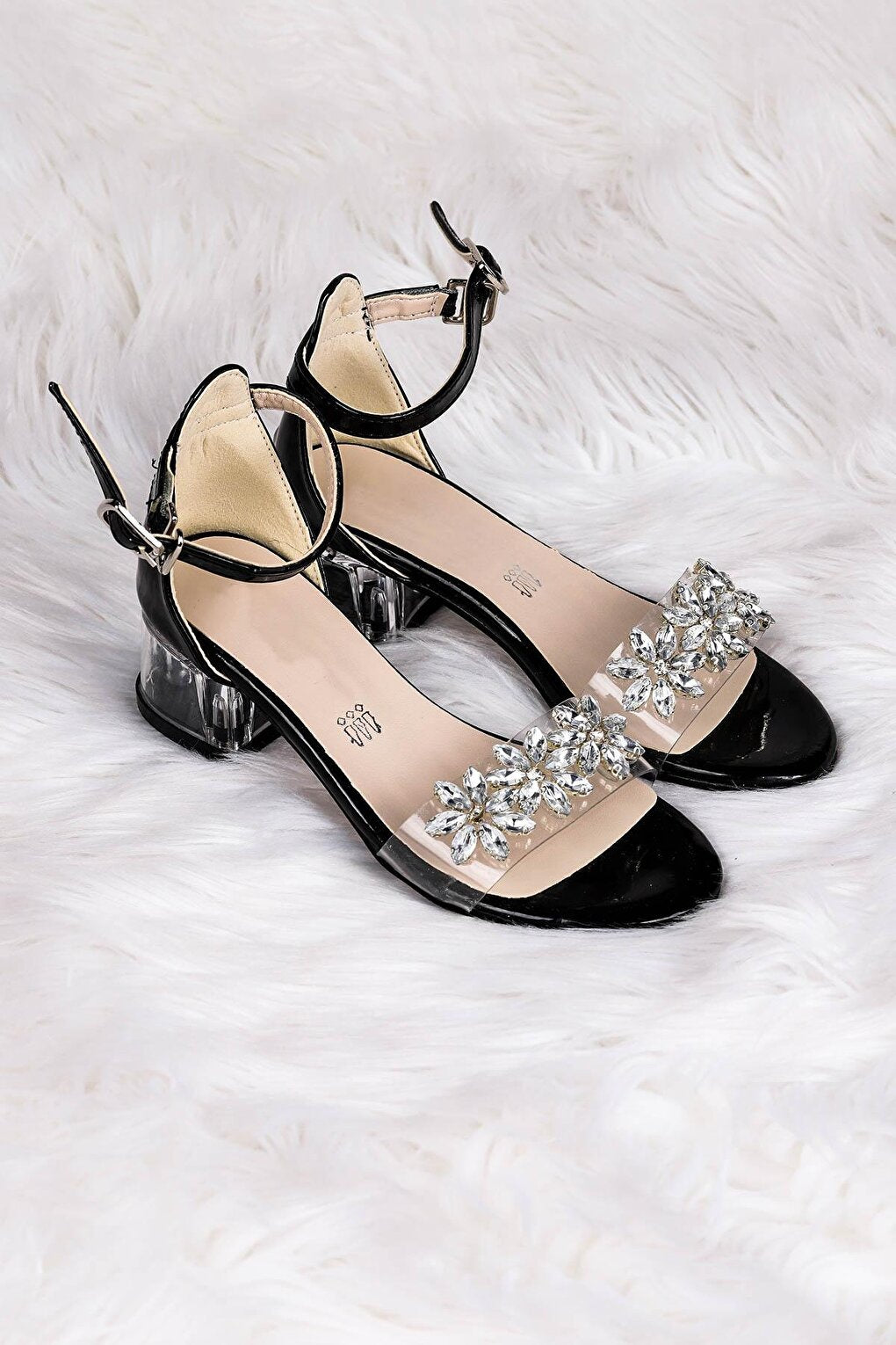 790 Patent Leather Stone Girl's 3 Cm Transparent Heeled Sandals Shoes