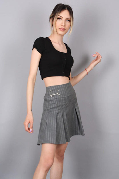 Anthracite Striped Pleated Short Women's Skirt MG1451