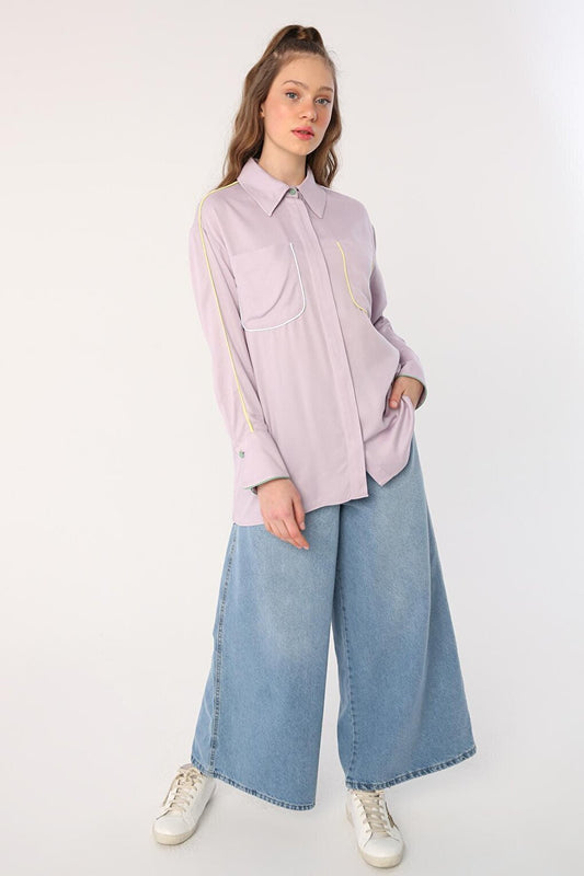 Light Lilac Colored Viscose Shirt with Piping Detail