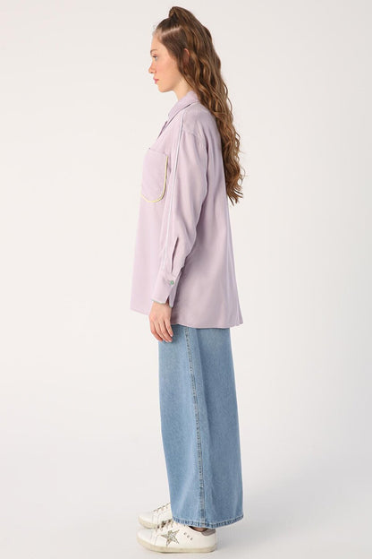 Light Lilac Colored Viscose Shirt with Piping Detail