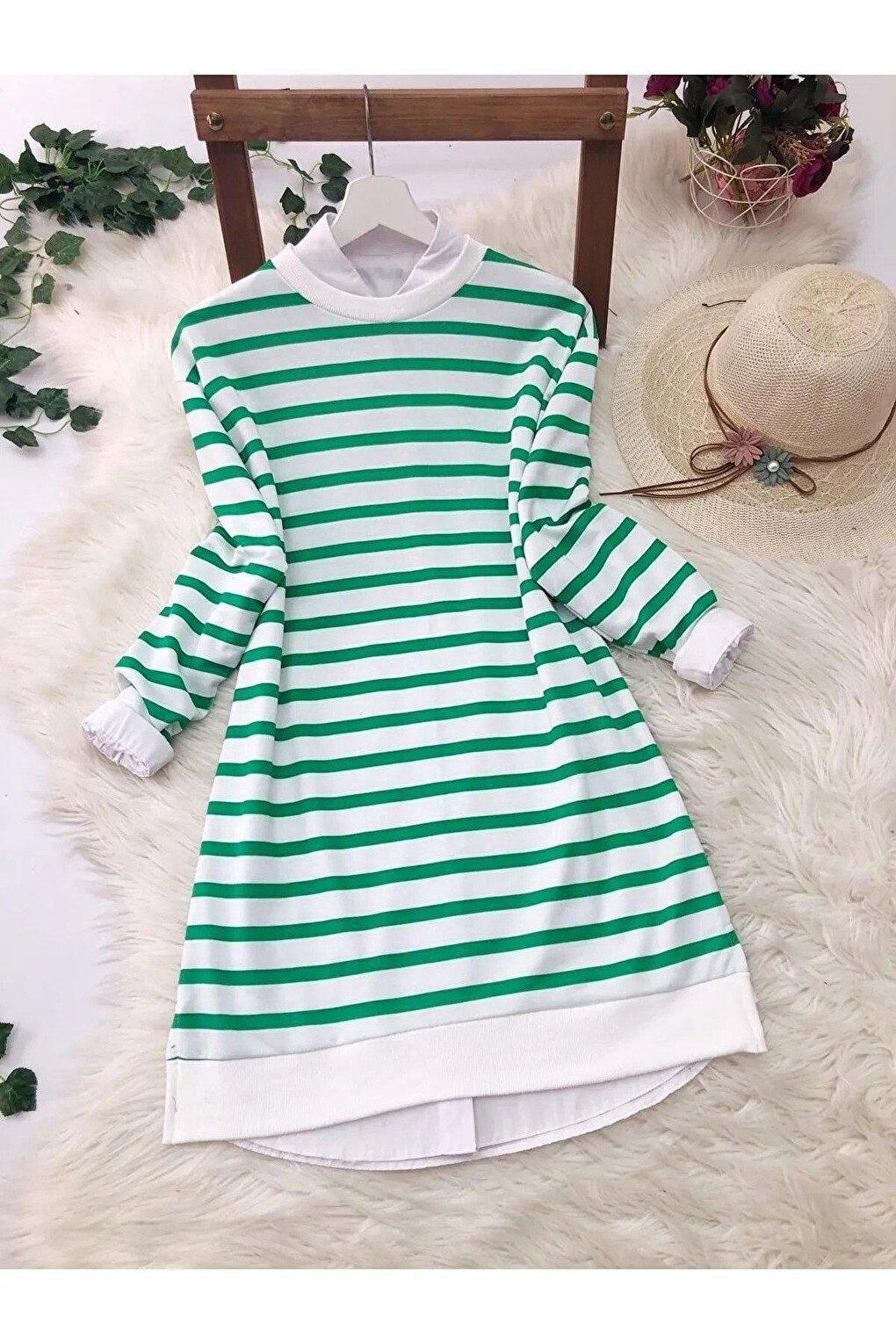 Crew Neck Striped Sweatshirt Tunic