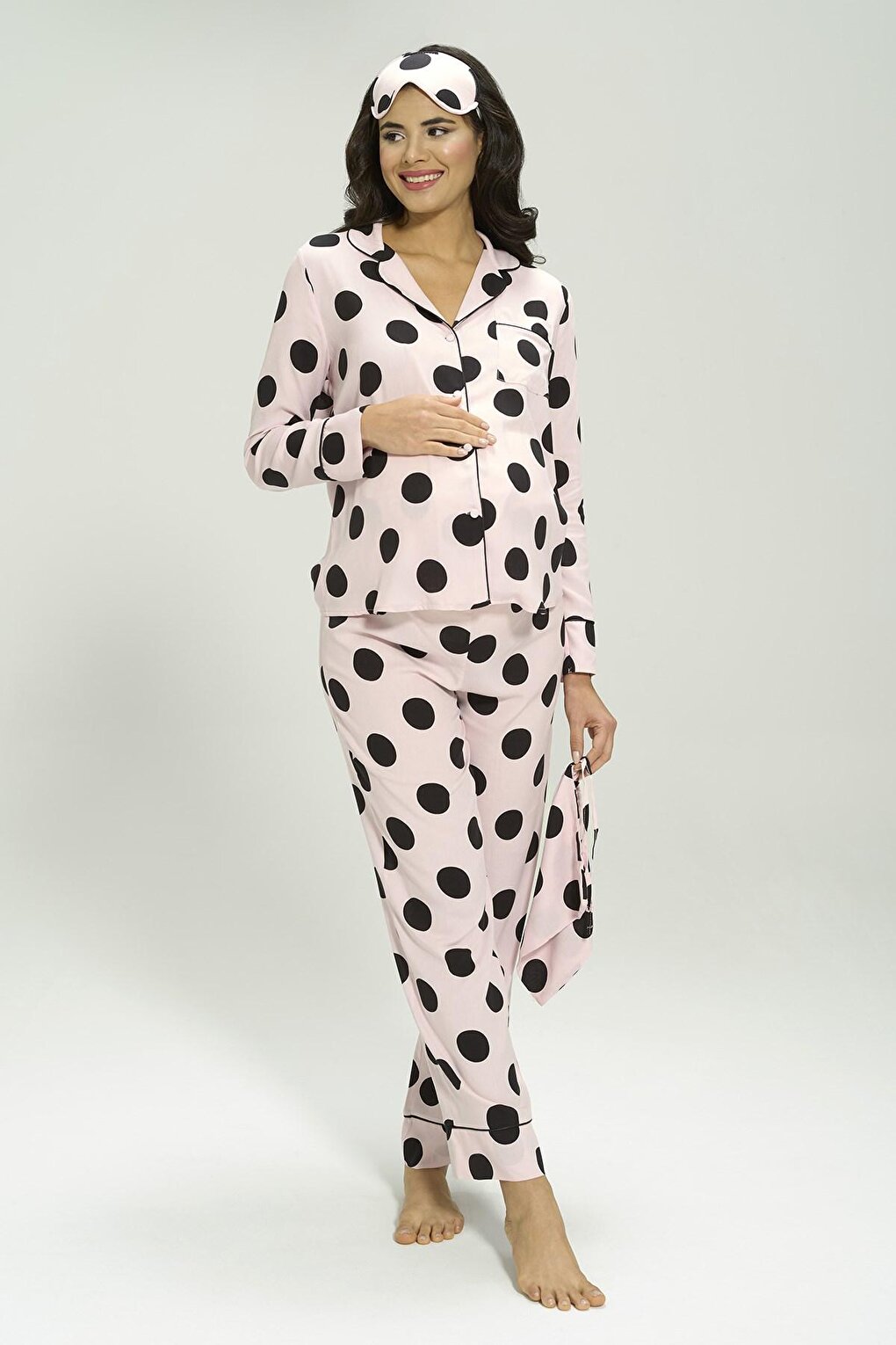 5-Piece Viscose Polka Dot Pink Pajama Set