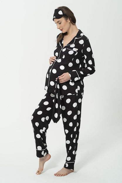 5-Piece Viscose Polka Dot Black Maternity Pajama Set