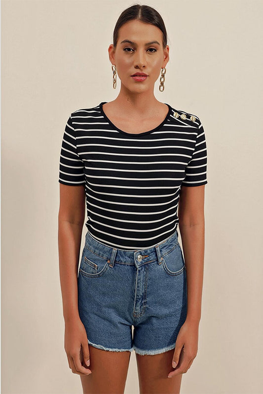 0479 Buttoned Striped Blouse - Black