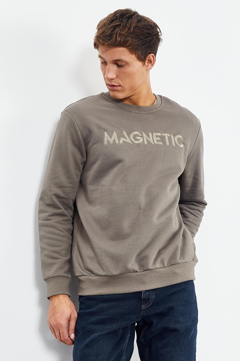 Camel Text Embroidered Crew Neck Comfortable Form Men's Sweatshirt - 88020