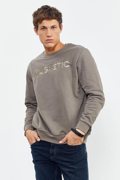 Camel Text Embroidered Crew Neck Comfortable Form Men's Sweatshirt - 88020