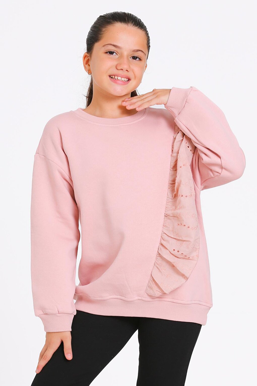 Girl's Powder Crew Neck Lace Detailed 4-12 Years Sweatshirt - 23177-3