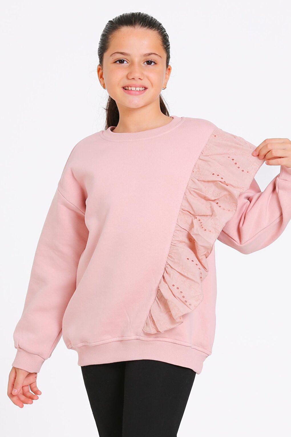 Girl's Powder Crew Neck Lace Detailed 4-12 Years Sweatshirt - 23177-3