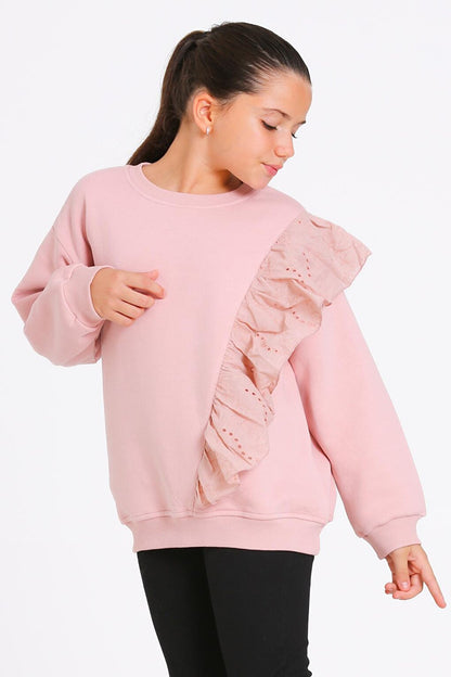 Girl's Powder Crew Neck Lace Detailed 4-12 Years Sweatshirt - 23177-3