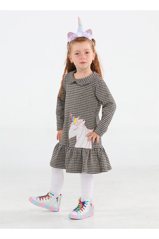 Unicorn Plaid Ruffle Girls Dress