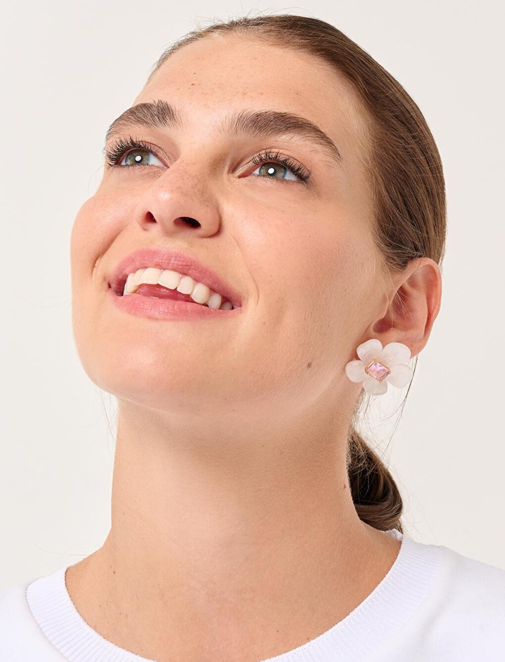 Stylish Earrings with Big Stones and Pink Flower Figures