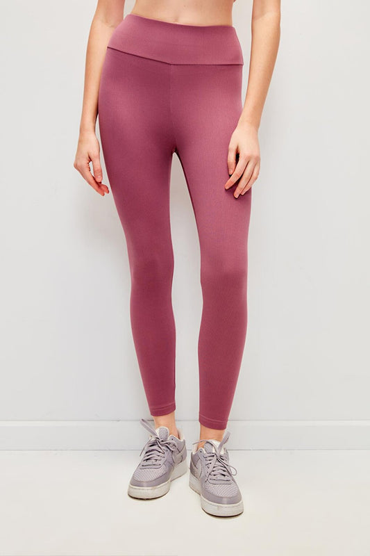 Solid Color Tights with Ribbed Outside and Raised Inside - Dusty Rose