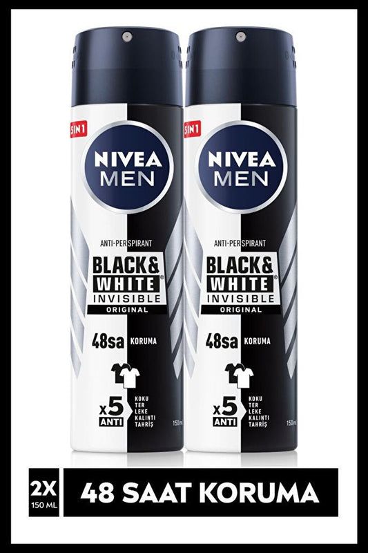 Men Black&amp;White Invisible Original Men's Spray Deodorant 150 ml x2 Pieces, 48 Hours Anti-Perspirant