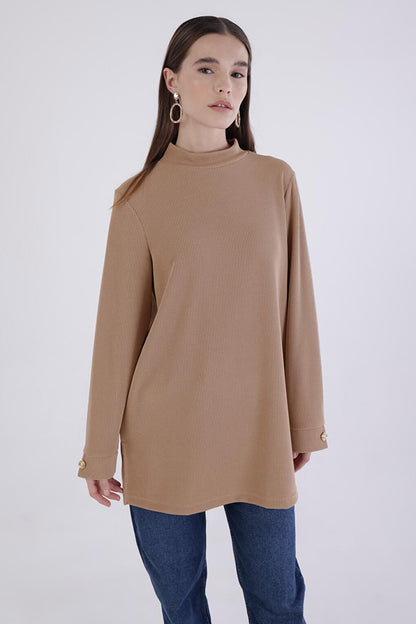 Dark Beige Buttoned Cuff Slit Tunic