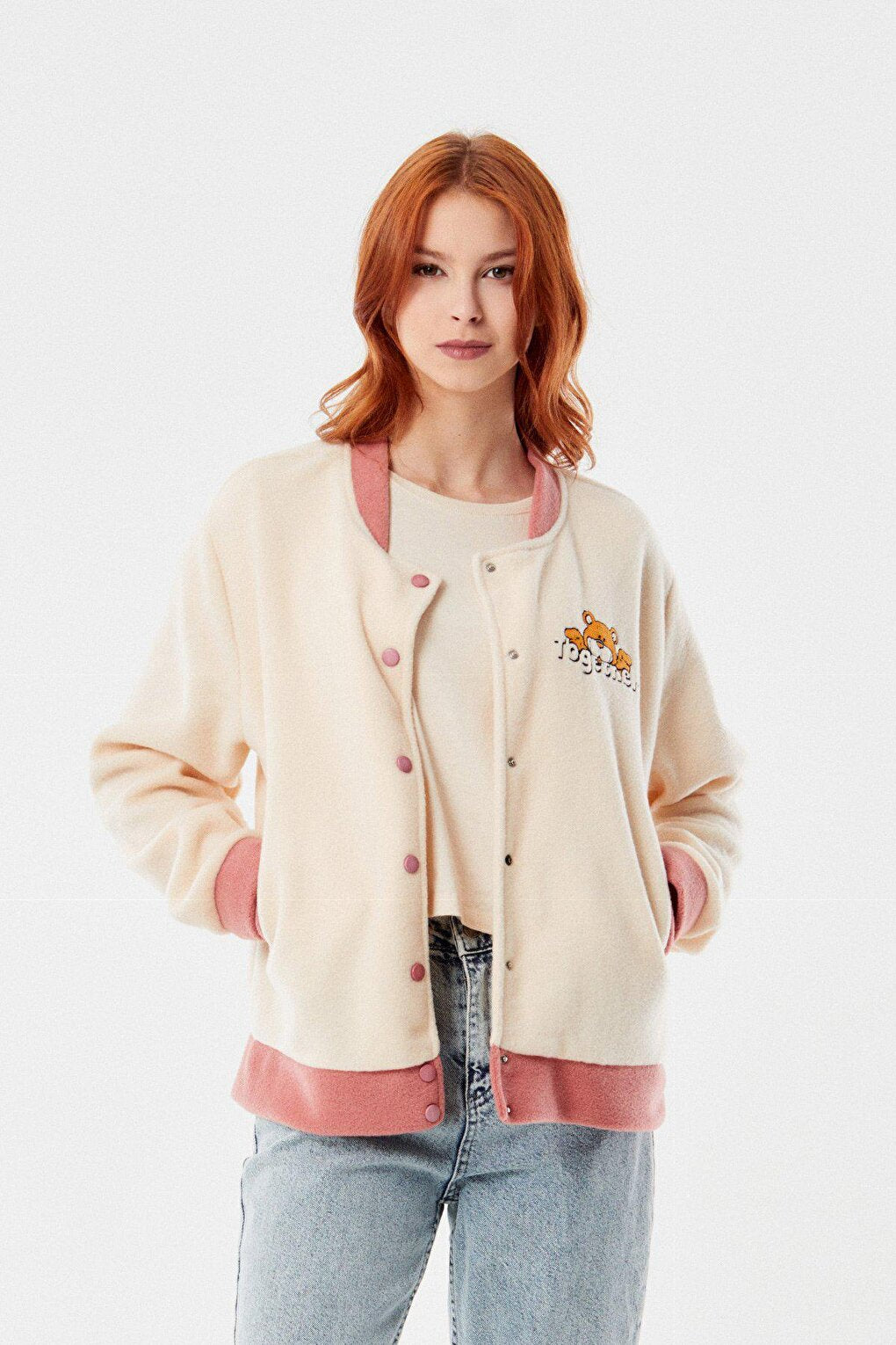 Teddy Bear Embroidered Snap Fastener College Jacket