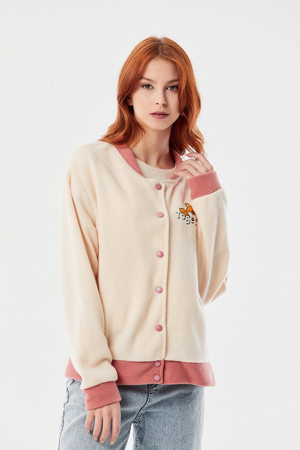 Teddy Bear Embroidered Snap Fastener College Jacket