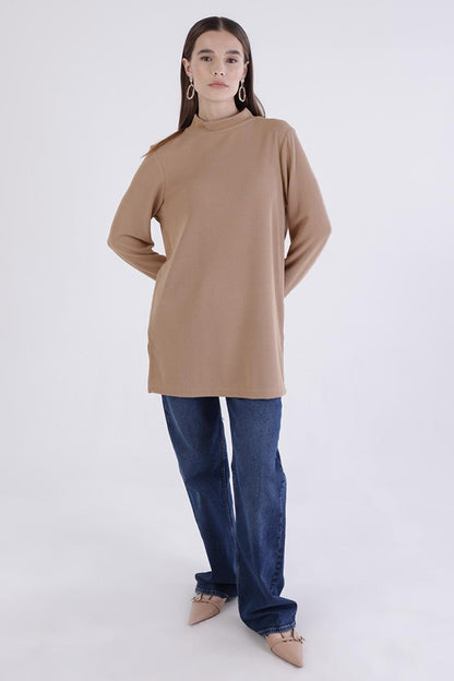 Dark Beige Buttoned Cuff Slit Tunic