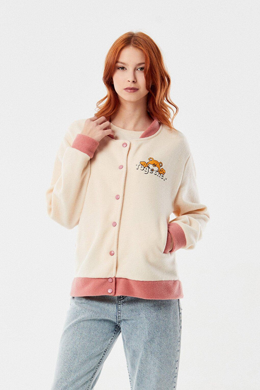 Teddy Bear Embroidered Snap Fastener College Jacket