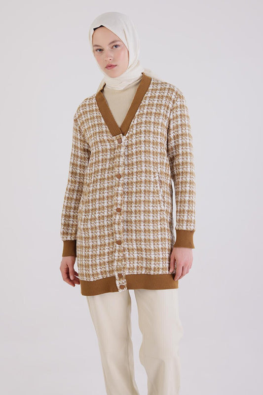 Beige V-Neck Knitwear Garnished Tweed Jacket