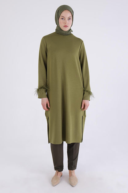 Khaki Slit Tunic with Feather Detail on Sleeves