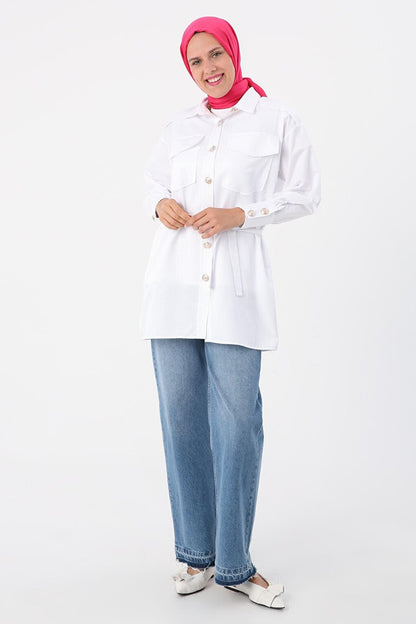 White Applique Pocket Shirt Tunic