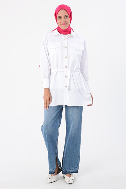 White Applique Pocket Shirt Tunic