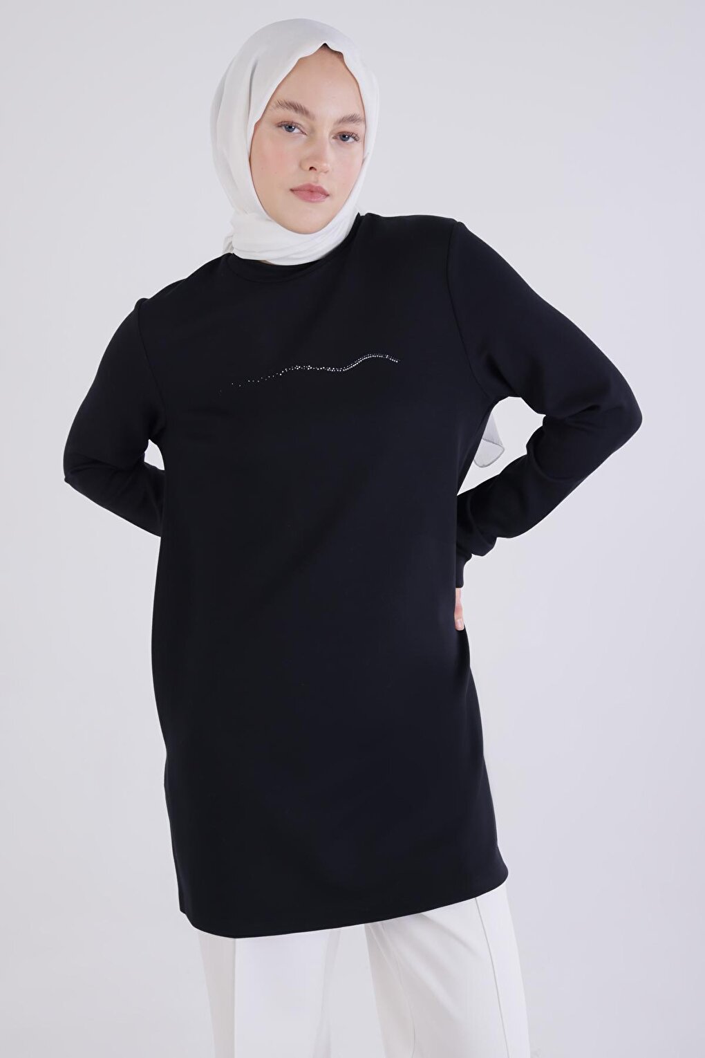 Black High Collar Tunic with Stones