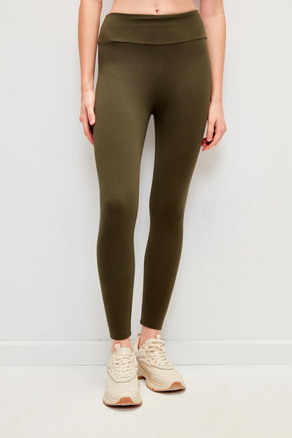 Solid Color Tights with Ribbed Outside and Raised Inside - Khaki