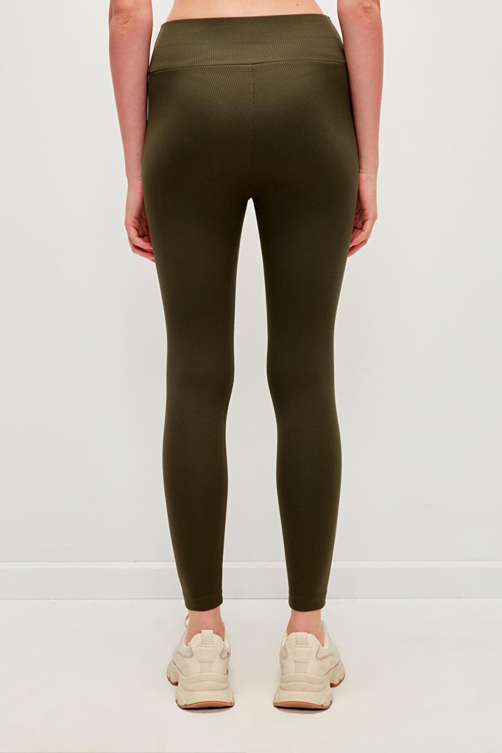 Solid Color Tights with Ribbed Outside and Raised Inside - Khaki