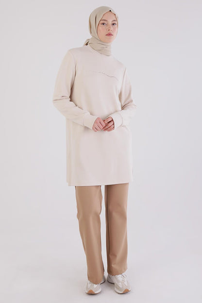 Light Beige High Collar Tunic with Stones